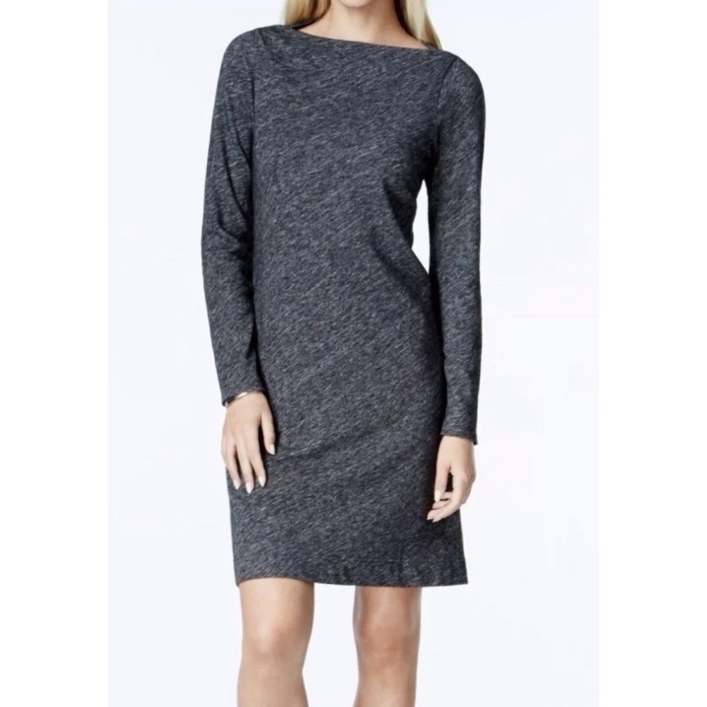 Eileen Fisher Wool Blend Bateau Neck Shift Dress Long Sleeve Charcoal Melange